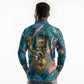 Hathor Golden Sacred Heart Egyptian Long Sleeve Polo Shirt with Gemstone Pattern in Turquoise Theme