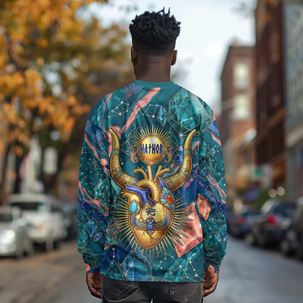 Hathor Golden Sacred Heart Egyptian Long Sleeve Shirt with Gemstone Pattern in Turquoise Theme