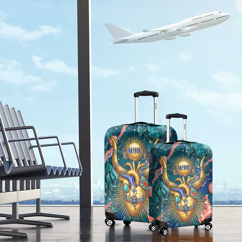 Hathor Golden Sacred Heart Egyptian Luggage Cover with Gemstone Pattern in Turquoise Theme