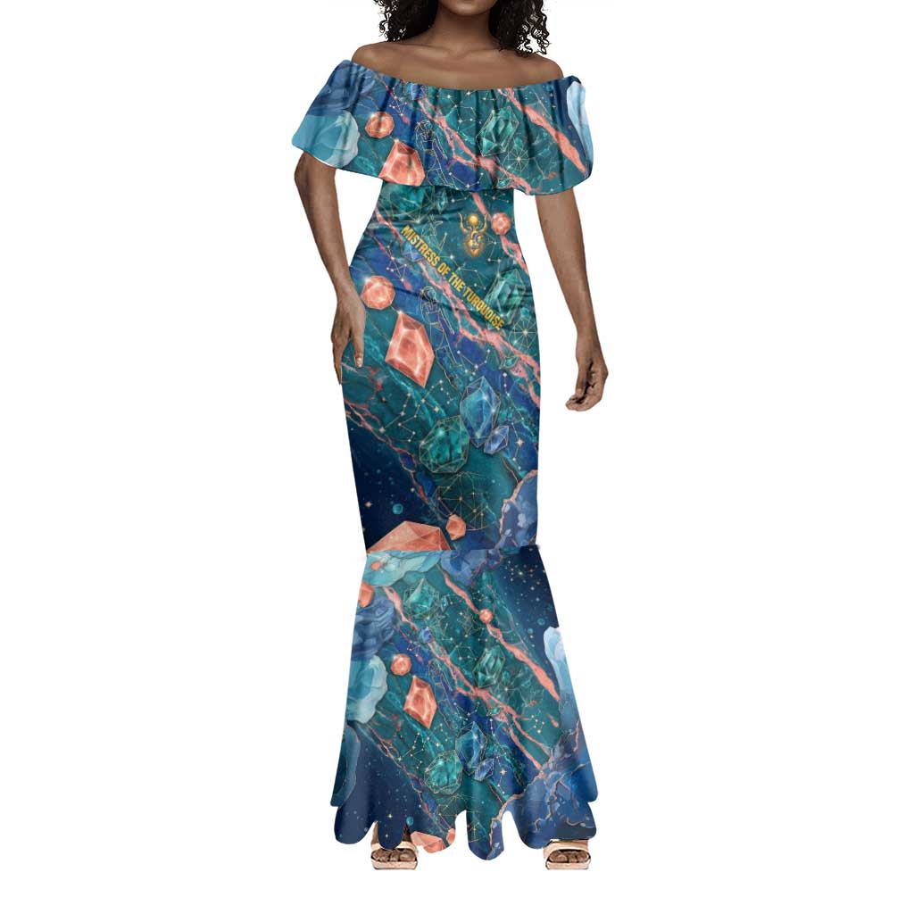 Hathor Golden Sacred Heart Egyptian Mermaid Dress with Gemstone Pattern in Turquoise Theme