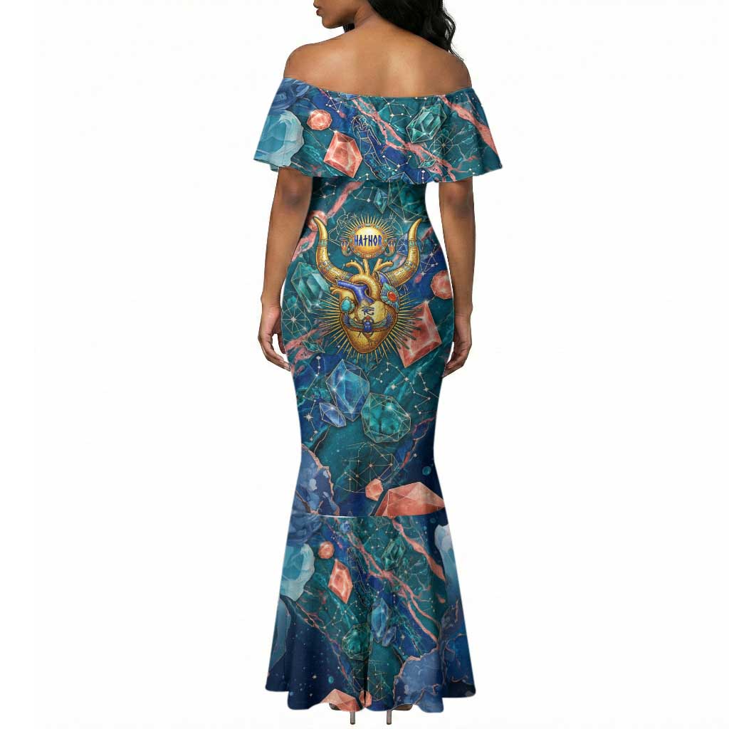 Hathor Golden Sacred Heart Egyptian Mermaid Dress with Gemstone Pattern in Turquoise Theme