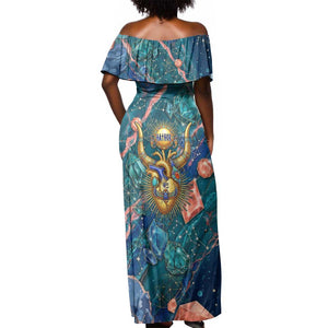 Hathor Golden Sacred Heart Egyptian Off Shoulder Maxi Dress with Gemstone Pattern in Turquoise Theme