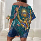 Hathor Golden Sacred Heart Egyptian Off Shoulder Short Dress with Gemstone Pattern in Turquoise Theme