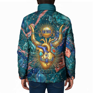 Hathor Golden Sacred Heart Egyptian Padded Jacket with Gemstone Pattern in Turquoise Theme