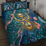 Hathor Golden Sacred Heart Egyptian Quilt Bed Set with Gemstone Pattern in Turquoise Theme
