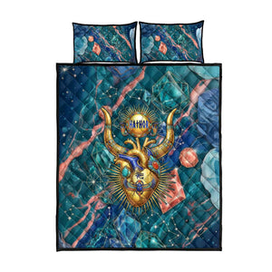 Hathor Golden Sacred Heart Egyptian Quilt Bed Set with Gemstone Pattern in Turquoise Theme