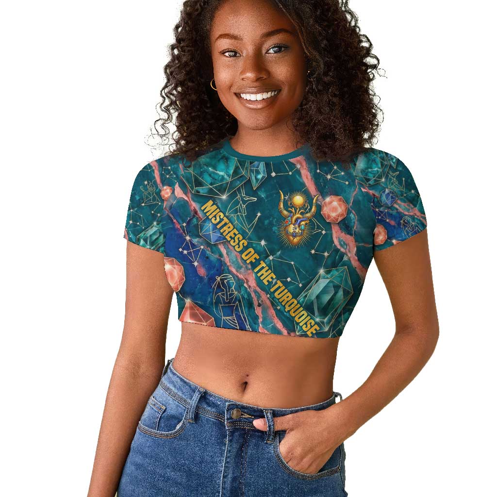 Hathor Golden Sacred Heart Egyptian Raglan Cropped T shirt with Gemstone Pattern in Turquoise Theme