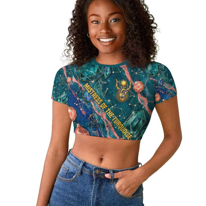Hathor Golden Sacred Heart Egyptian Raglan Cropped T shirt with Gemstone Pattern in Turquoise Theme