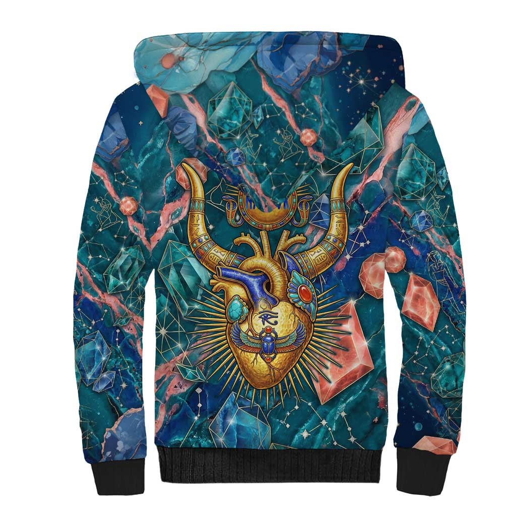 Hathor Golden Sacred Heart Egyptian Sherpa Hoodie with Gemstone Pattern in Turquoise Theme