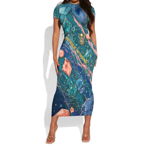 Hathor Golden Sacred Heart Egyptian Short Sleeve Bodycon Dress with Gemstone Pattern in Turquoise Theme