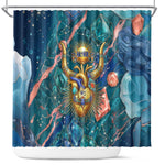Hathor Golden Sacred Heart Egyptian Shower Curtain with Gemstone Pattern in Turquoise Theme