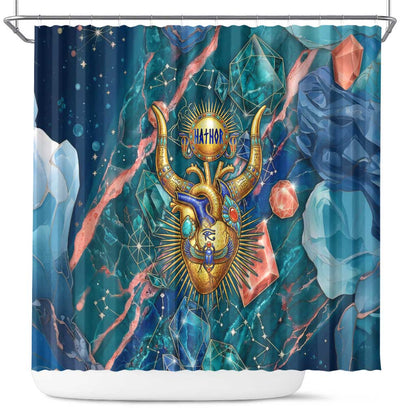 Hathor Golden Sacred Heart Egyptian Shower Curtain with Gemstone Pattern in Turquoise Theme