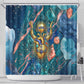 Hathor Golden Sacred Heart Egyptian Shower Curtain with Gemstone Pattern in Turquoise Theme