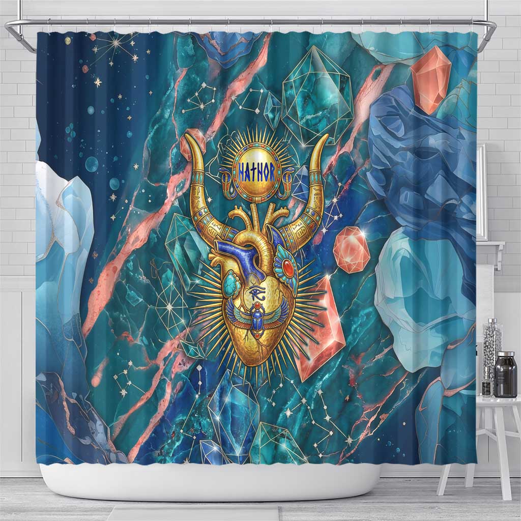 Hathor Golden Sacred Heart Egyptian Shower Curtain with Gemstone Pattern in Turquoise Theme