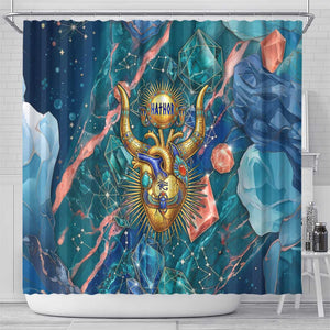 Hathor Golden Sacred Heart Egyptian Shower Curtain with Gemstone Pattern in Turquoise Theme