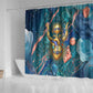 Hathor Golden Sacred Heart Egyptian Shower Curtain with Gemstone Pattern in Turquoise Theme