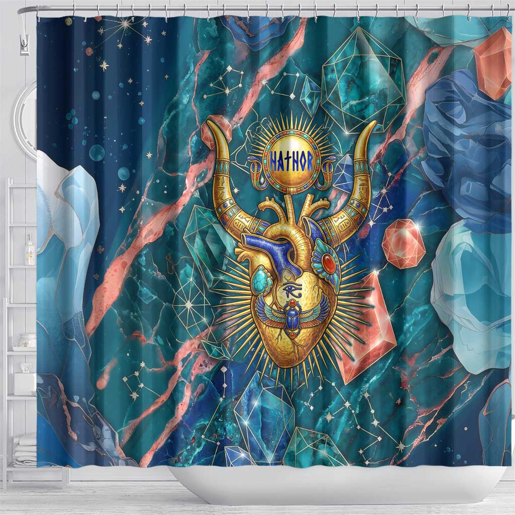 Hathor Golden Sacred Heart Egyptian Shower Curtain with Gemstone Pattern in Turquoise Theme
