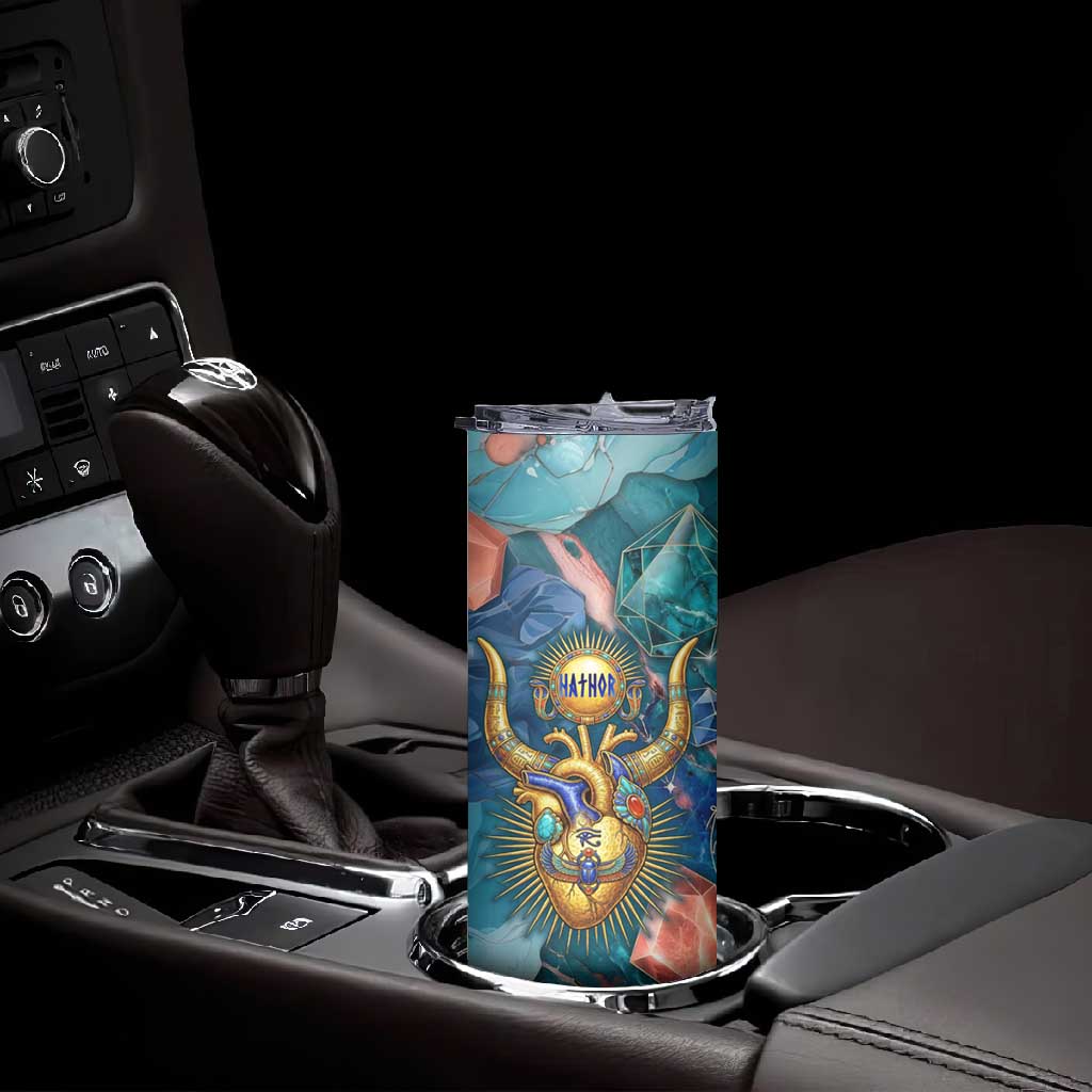 Hathor Golden Sacred Heart Egyptian Skinny Tumbler with Gemstone Pattern in Turquoise Theme