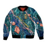 Hathor Golden Sacred Heart Egyptian Sleeve Zip Bomber Jacket with Gemstone Pattern in Turquoise Theme