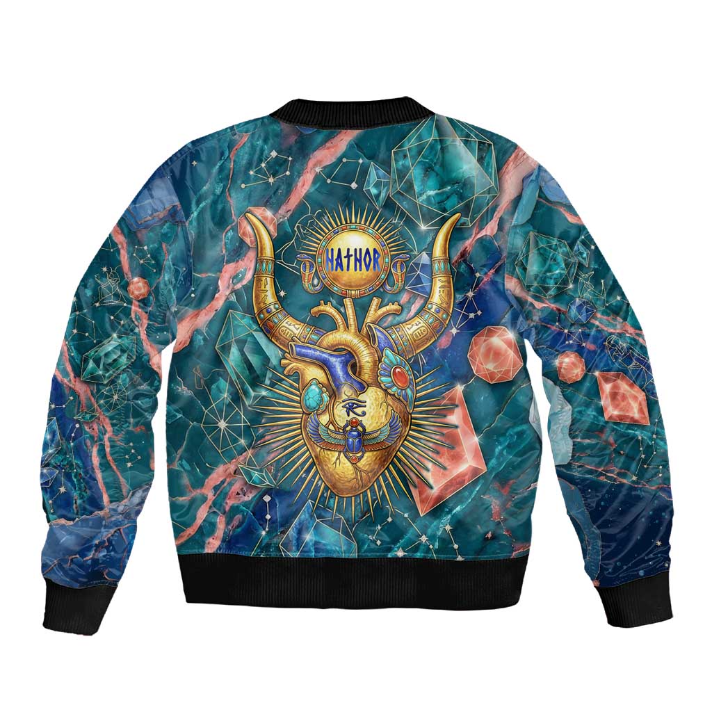 Hathor Golden Sacred Heart Egyptian Sleeve Zip Bomber Jacket with Gemstone Pattern in Turquoise Theme