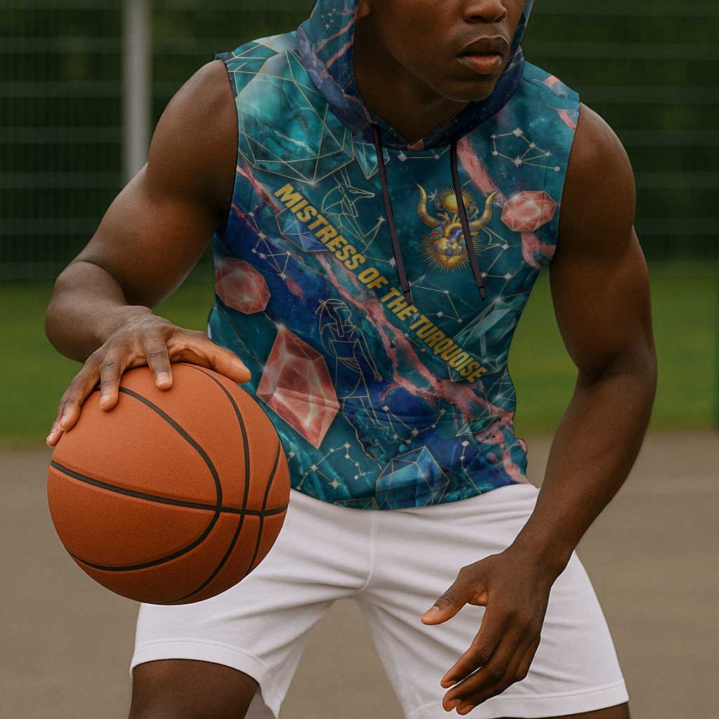 Hathor Golden Sacred Heart Egyptian Sleeveless Hoodie with Gemstone Pattern in Turquoise Theme