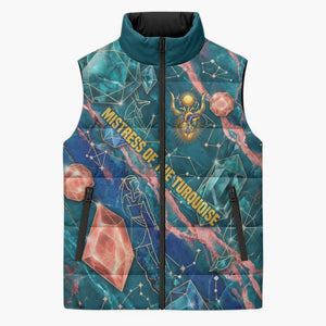 Hathor Golden Sacred Heart Egyptian Sleeveless Puffer Jacket with Gemstone Pattern in Turquoise Theme