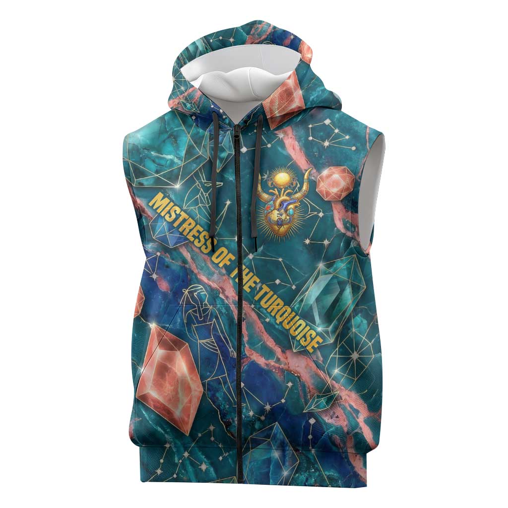 Hathor Golden Sacred Heart Egyptian Sleeveless Zip Hoodie with Gemstone Pattern in Turquoise Theme