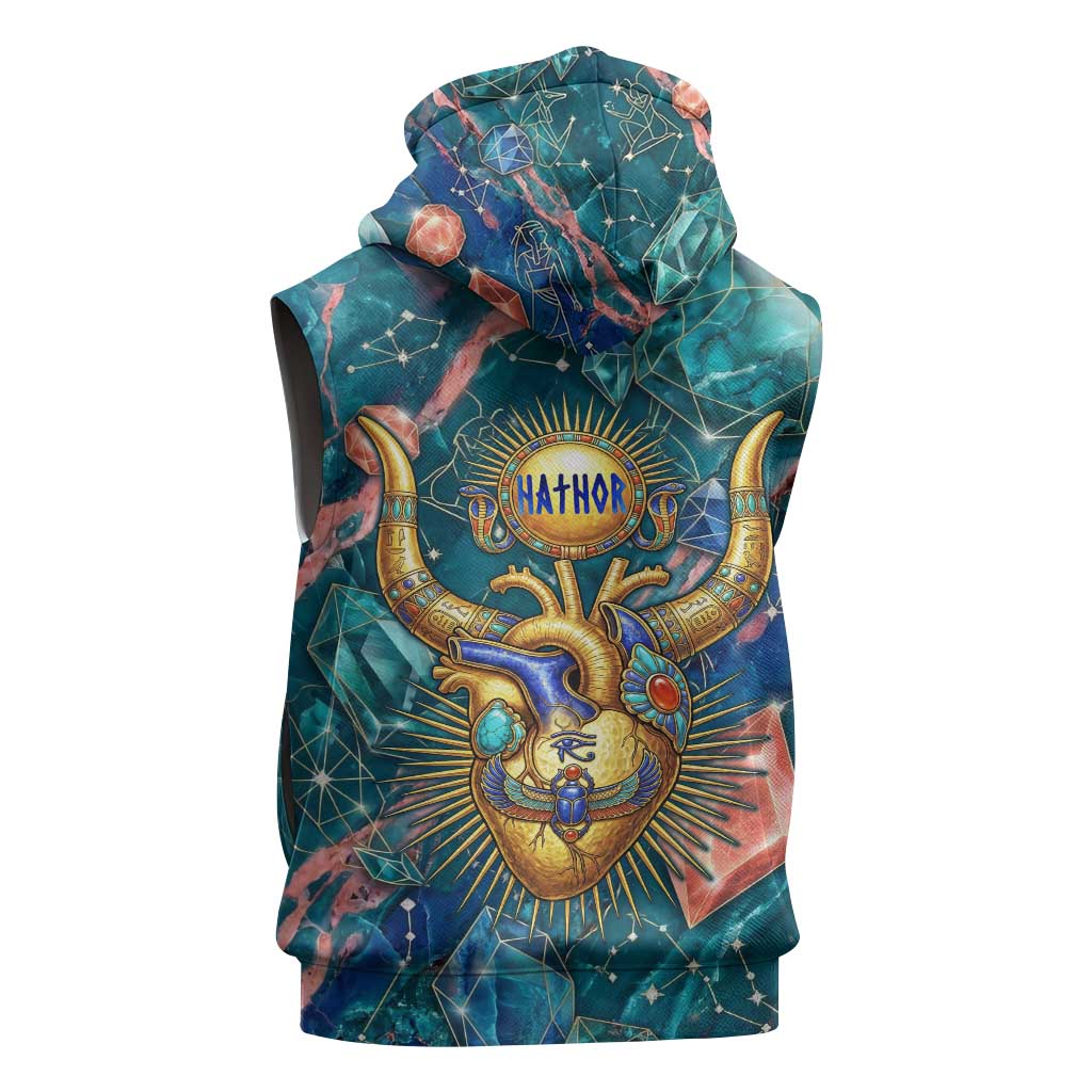 Hathor Golden Sacred Heart Egyptian Sleeveless Zip Hoodie with Gemstone Pattern in Turquoise Theme
