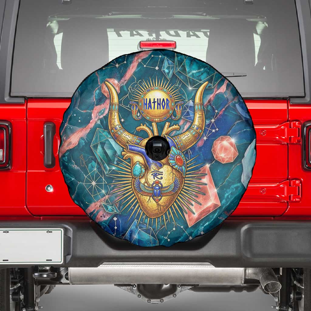 Hathor Golden Sacred Heart Egyptian Spare Tire Cover with Gemstone Pattern in Turquoise Theme