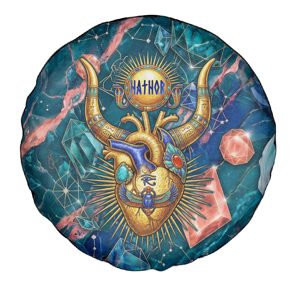Hathor Golden Sacred Heart Egyptian Spare Tire Cover with Gemstone Pattern in Turquoise Theme