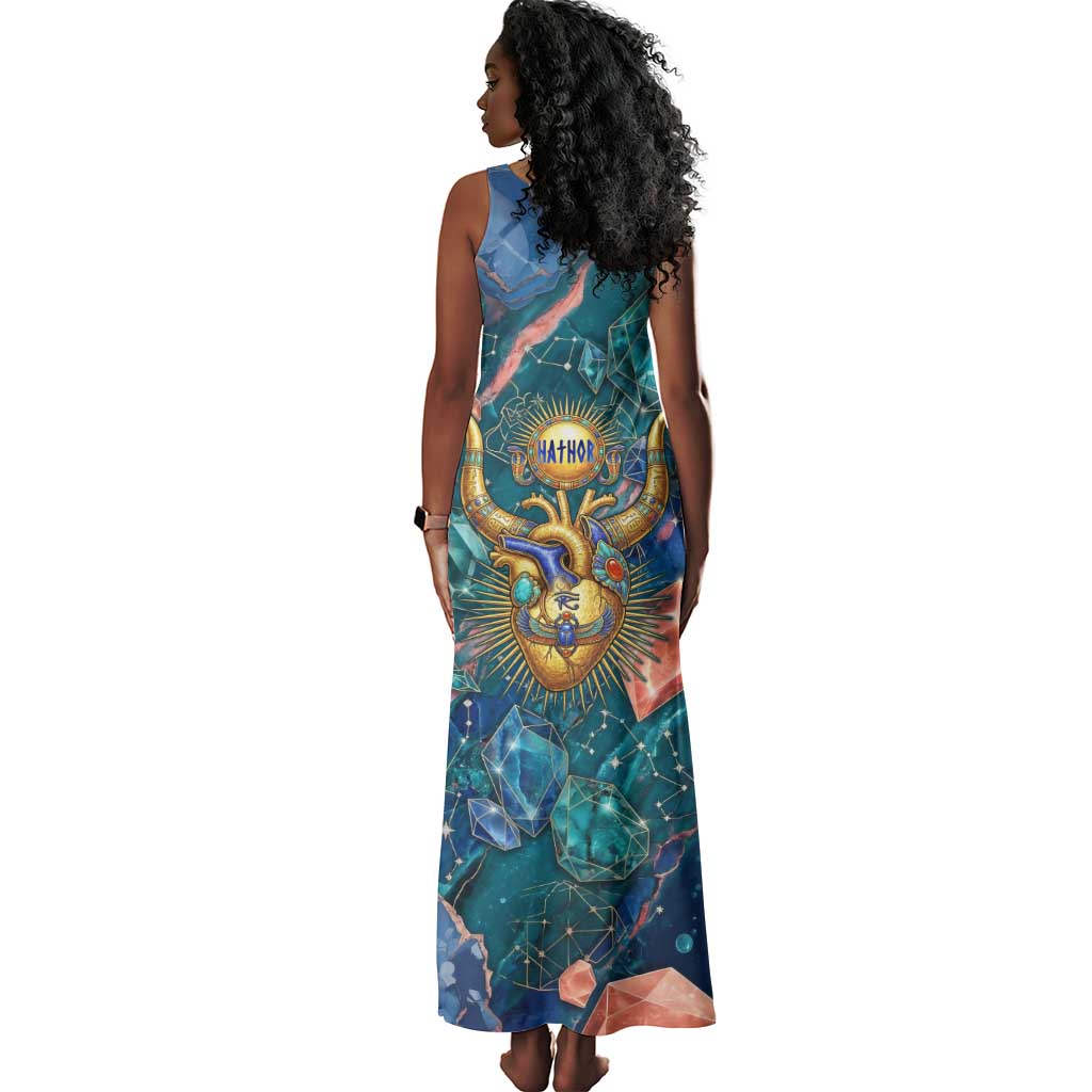 Hathor Golden Sacred Heart Egyptian Tank Maxi Dress with Gemstone Pattern in Turquoise Theme