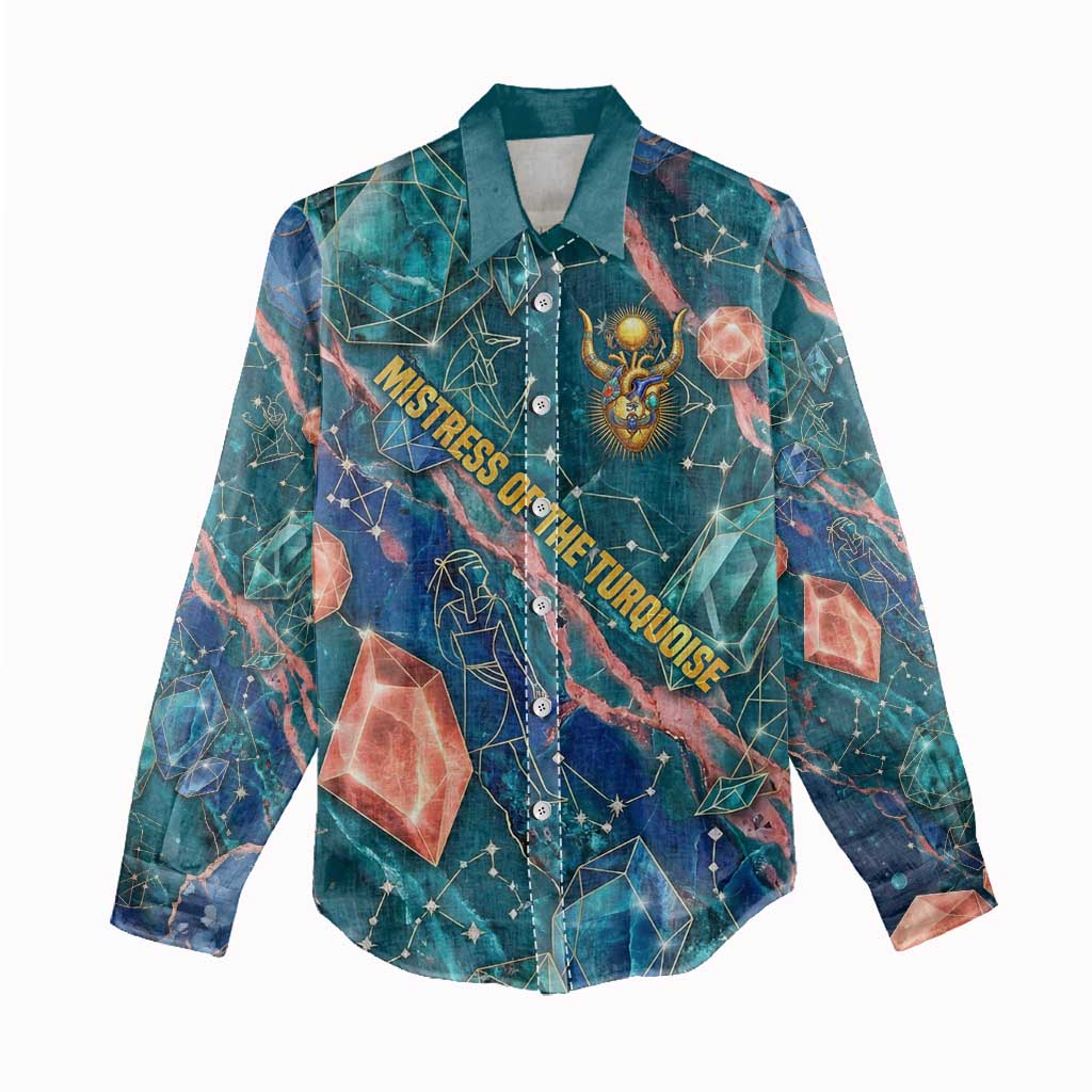 Hathor Golden Sacred Heart Egyptian Women Casual Shirt with Gemstone Pattern in Turquoise Theme