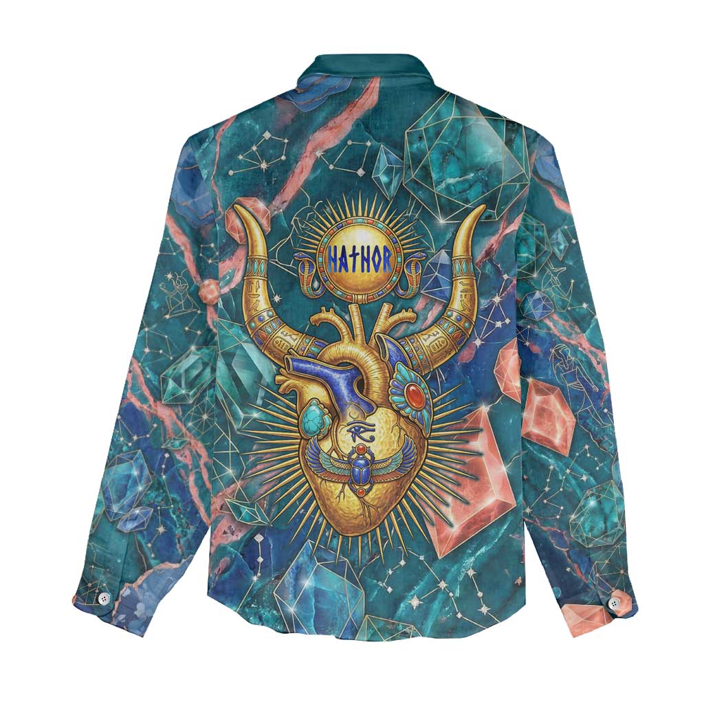Hathor Golden Sacred Heart Egyptian Women Casual Shirt with Gemstone Pattern in Turquoise Theme
