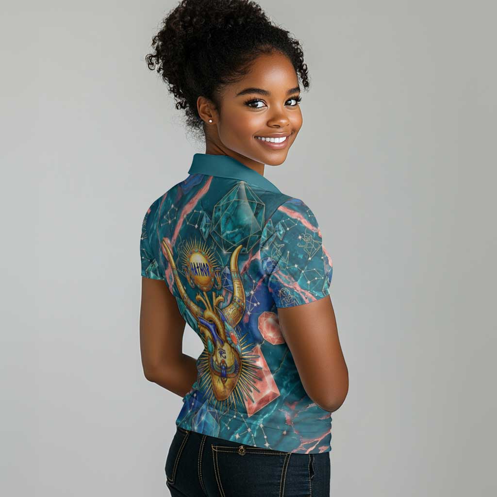 Hathor Golden Sacred Heart Egyptian Women Polo Shirt with Gemstone Pattern in Turquoise Theme