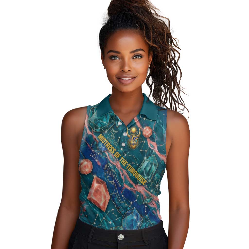 Hathor Golden Sacred Heart Egyptian Women Sleeveless Polo Shirt with Gemstone Pattern in Turquoise Theme