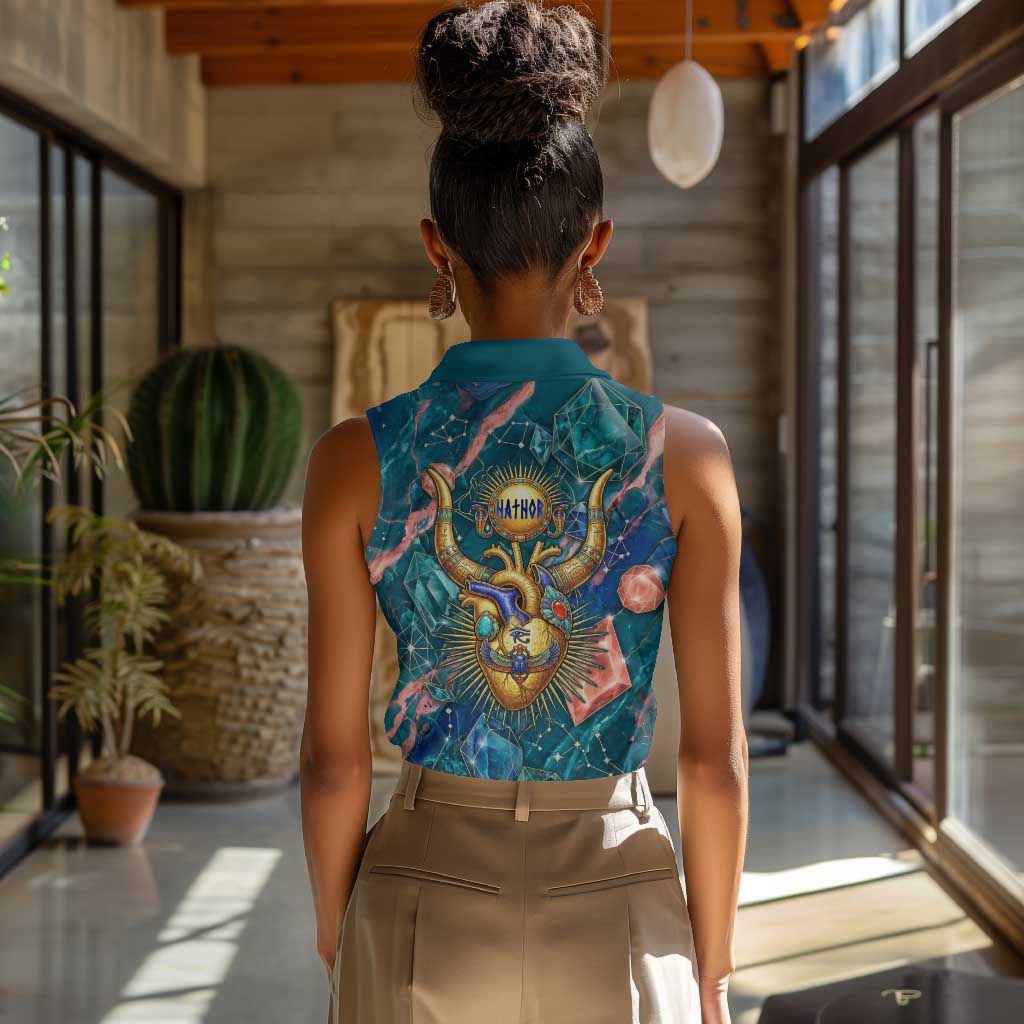 Hathor Golden Sacred Heart Egyptian Women Sleeveless Polo Shirt with Gemstone Pattern in Turquoise Theme