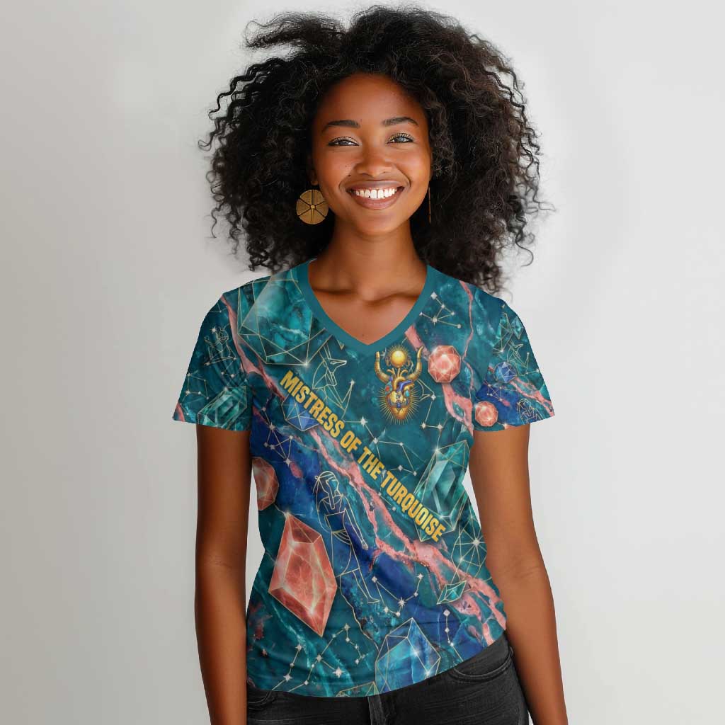 Hathor Golden Sacred Heart Egyptian Women V-Neck T-Shirt with Gemstone Pattern in Turquoise Theme