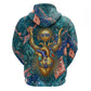 Hathor Golden Sacred Heart Egyptian Zip Hoodie with Gemstone Pattern in Turquoise Theme