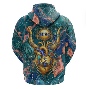 Hathor Golden Sacred Heart Egyptian Zip Hoodie with Gemstone Pattern in Turquoise Theme