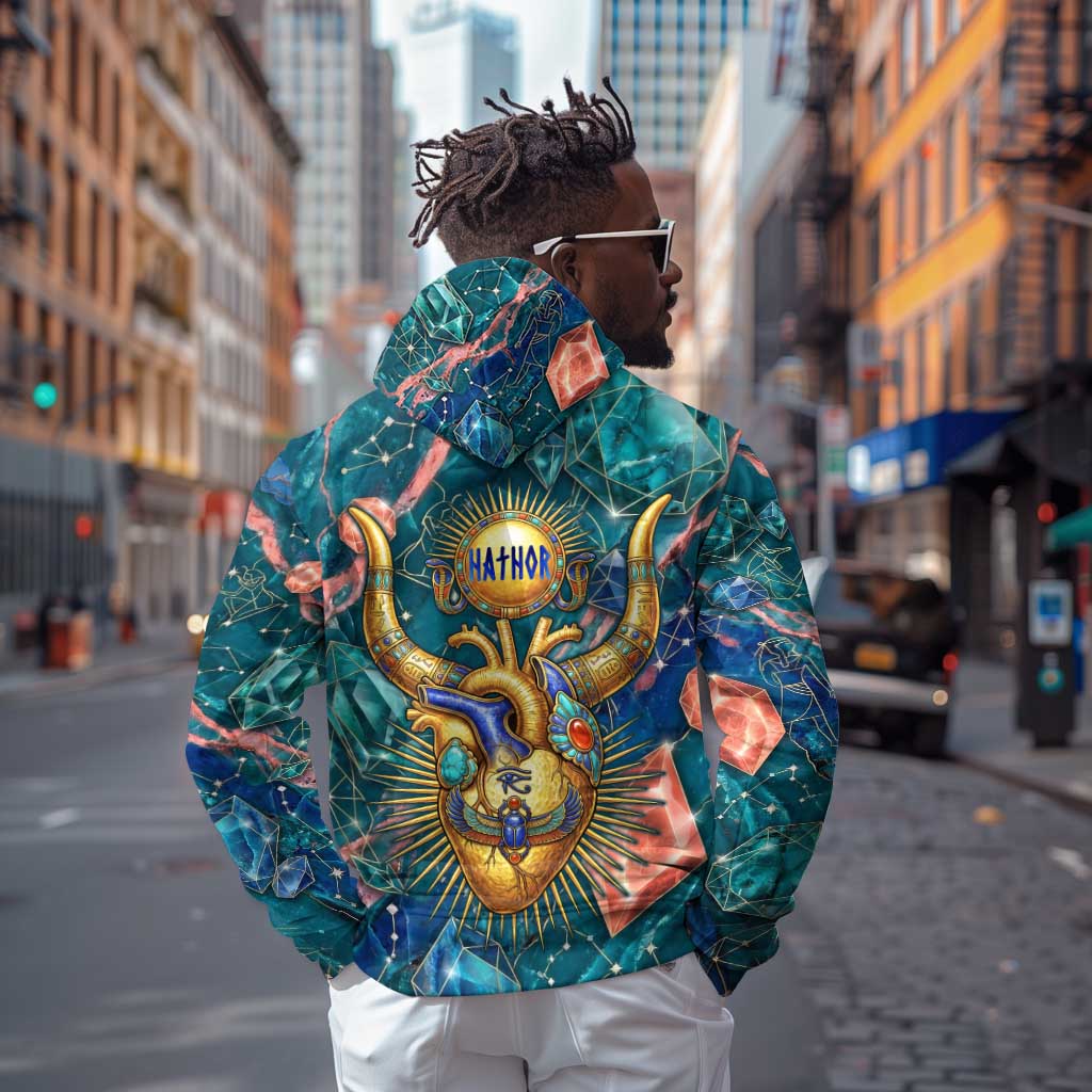 Hathor Golden Sacred Heart Egyptian Zip Hoodie with Gemstone Pattern in Turquoise Theme