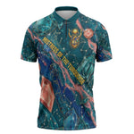 Hathor Golden Sacred Heart Egyptian Zipper Polo Shirt with Gemstone Pattern in Turquoise Theme