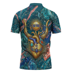 Hathor Golden Sacred Heart Egyptian Zipper Polo Shirt with Gemstone Pattern in Turquoise Theme