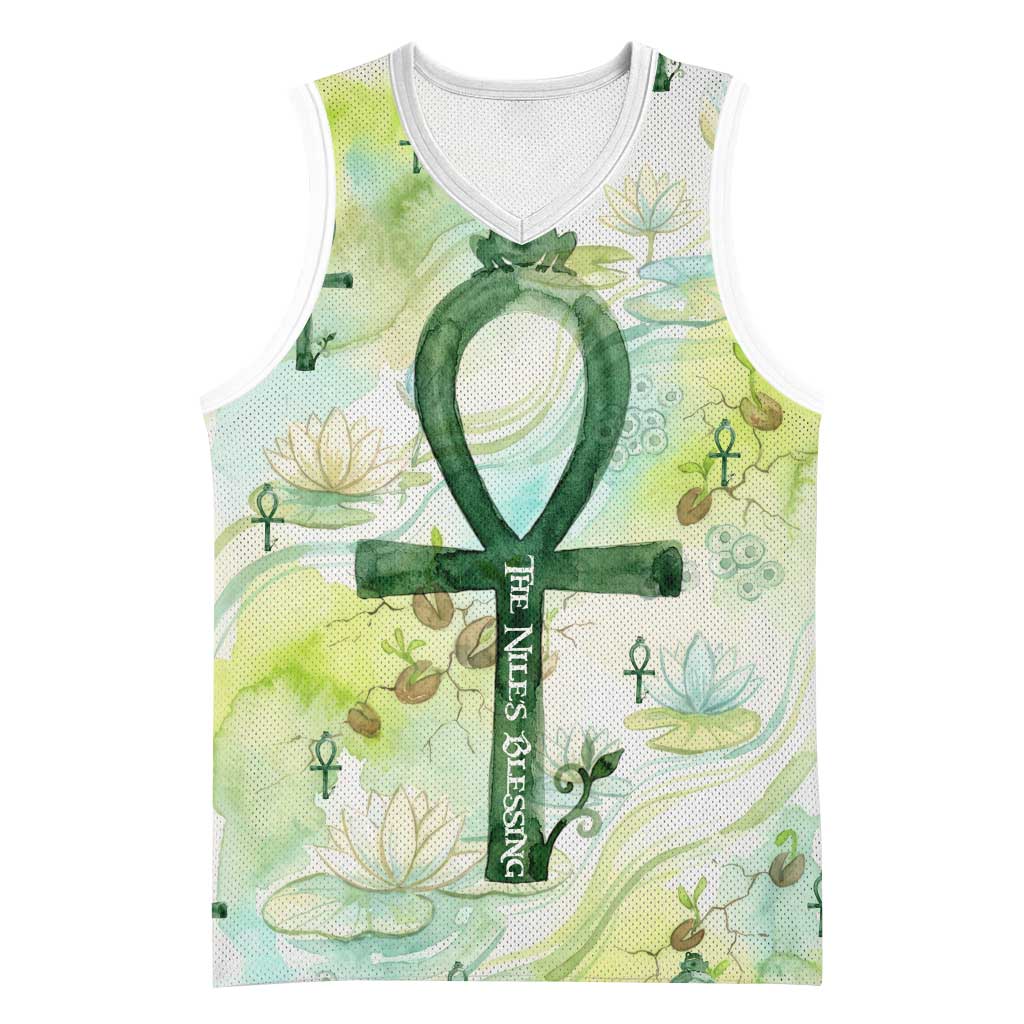 Heqet Nile Ankh Symbol Basketball Jersey Egyptian Lotus Motif in Watercolor Life Theme