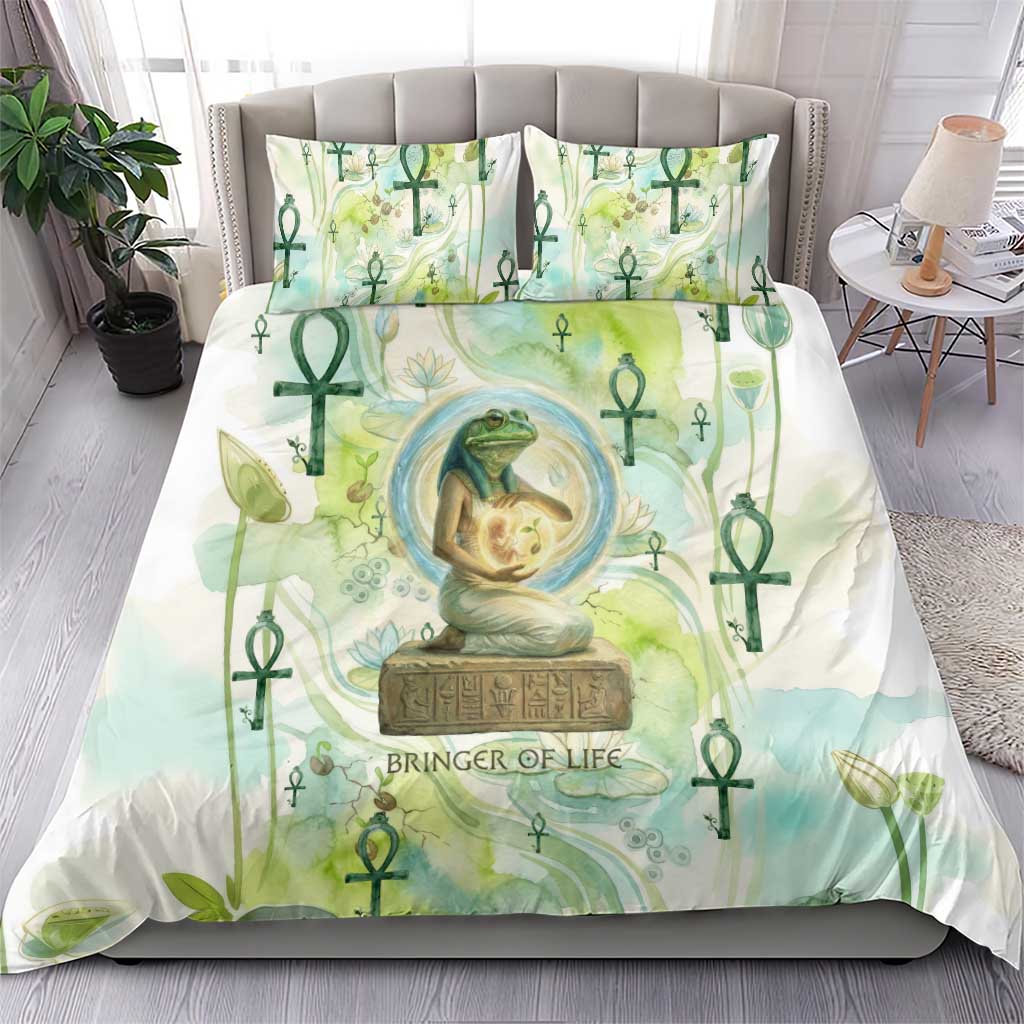 Heqet Nile Ankh Symbol Bedding Set Egyptian Lotus Motif in Watercolor Life Theme