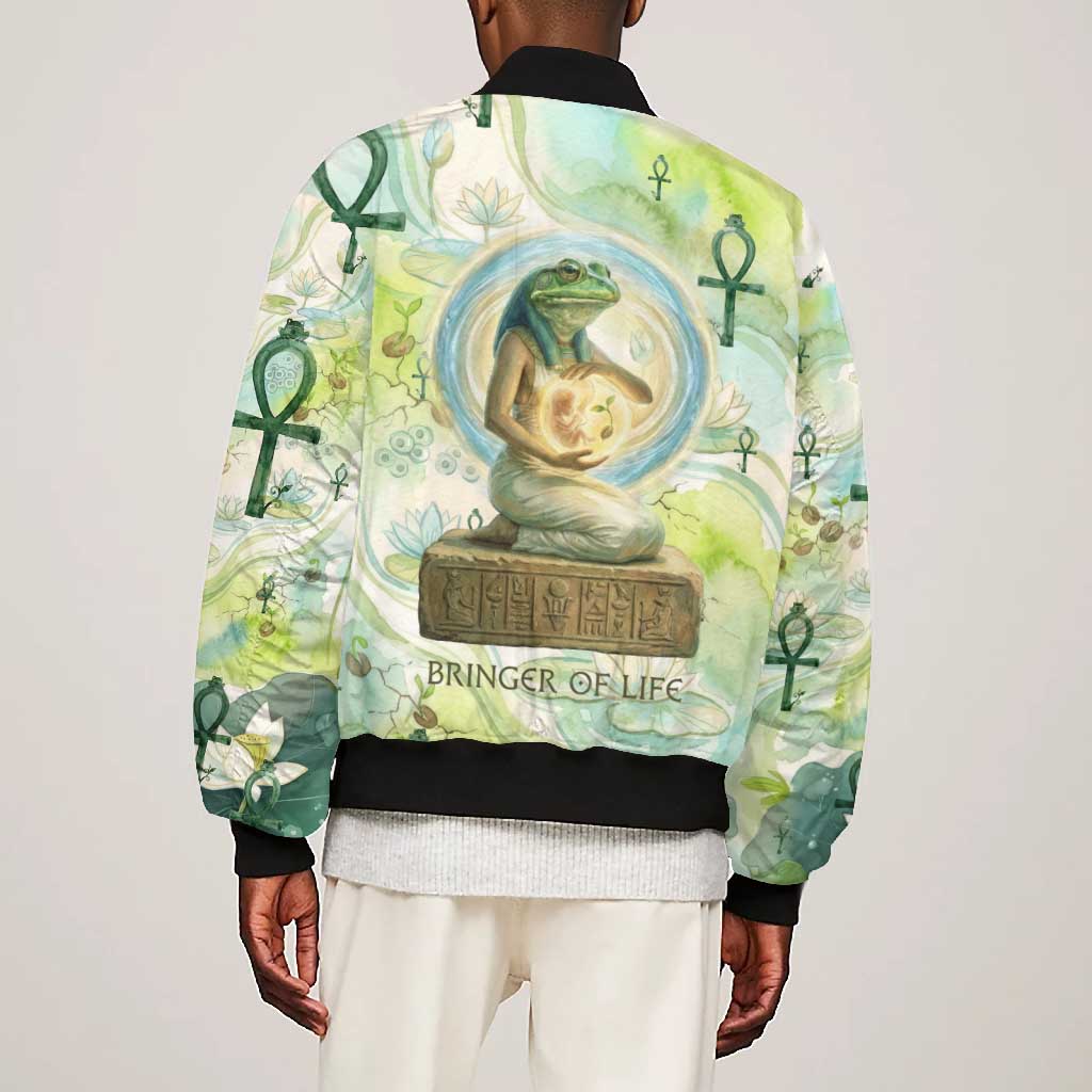 Heqet Nile Ankh Symbol Bomber Jacket Egyptian Lotus Motif in Watercolor Life Theme