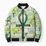 Heqet Nile Ankh Symbol Bomber Puffer Jacket Egyptian Lotus Motif in Watercolor Life Theme