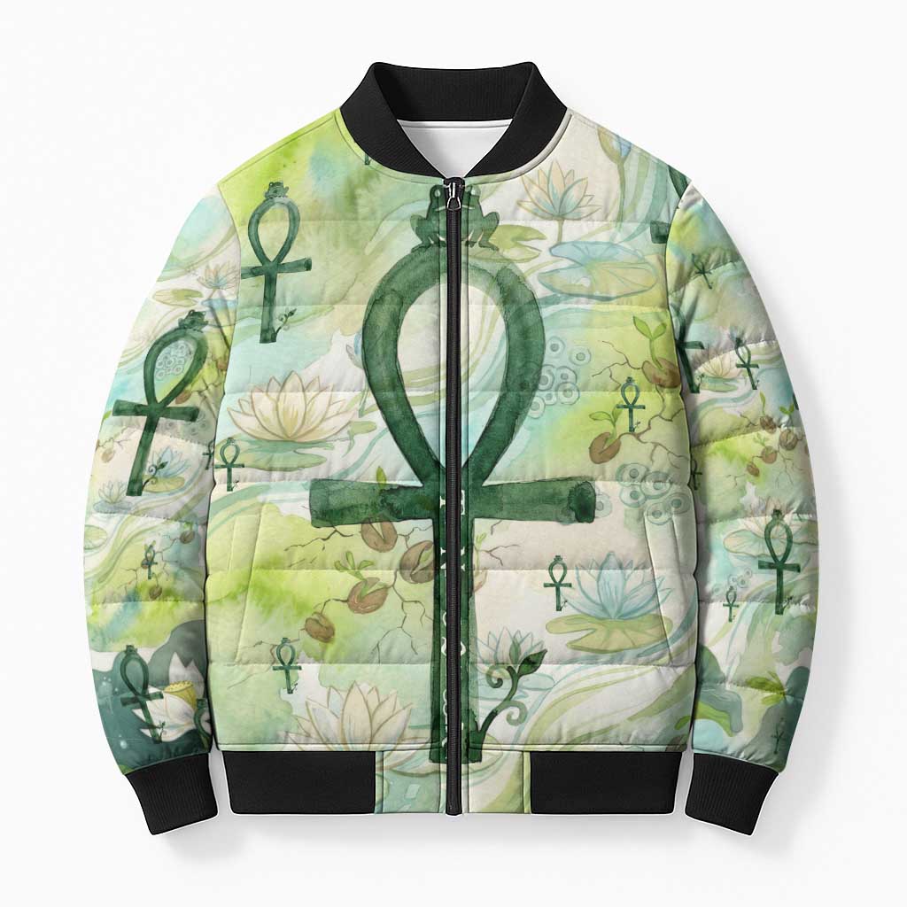 Heqet Nile Ankh Symbol Bomber Puffer Jacket Egyptian Lotus Motif in Watercolor Life Theme