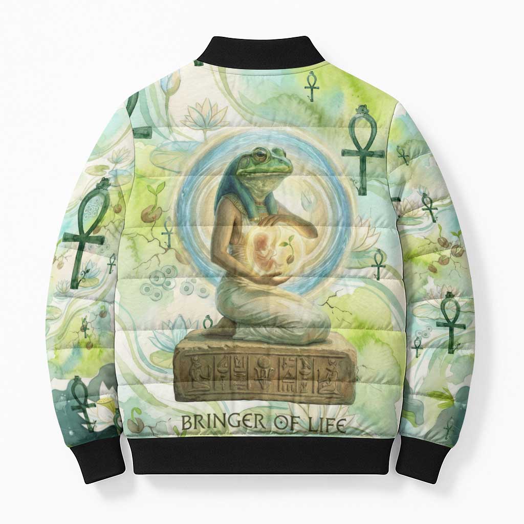 Heqet Nile Ankh Symbol Bomber Puffer Jacket Egyptian Lotus Motif in Watercolor Life Theme
