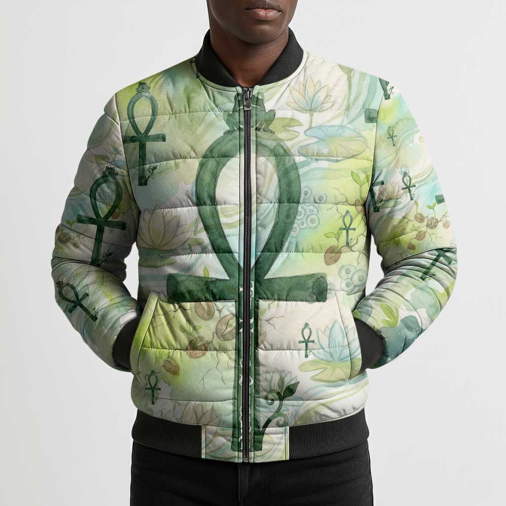 Heqet Nile Ankh Symbol Bomber Puffer Jacket Egyptian Lotus Motif in Watercolor Life Theme