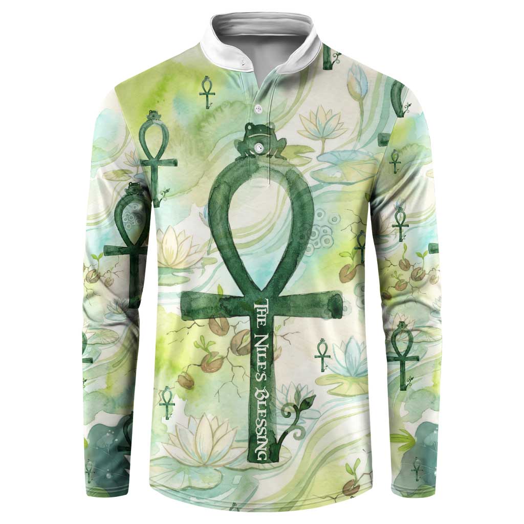 Heqet Nile Ankh Symbol Button Sweatshirt Egyptian Lotus Motif in Watercolor Life Theme